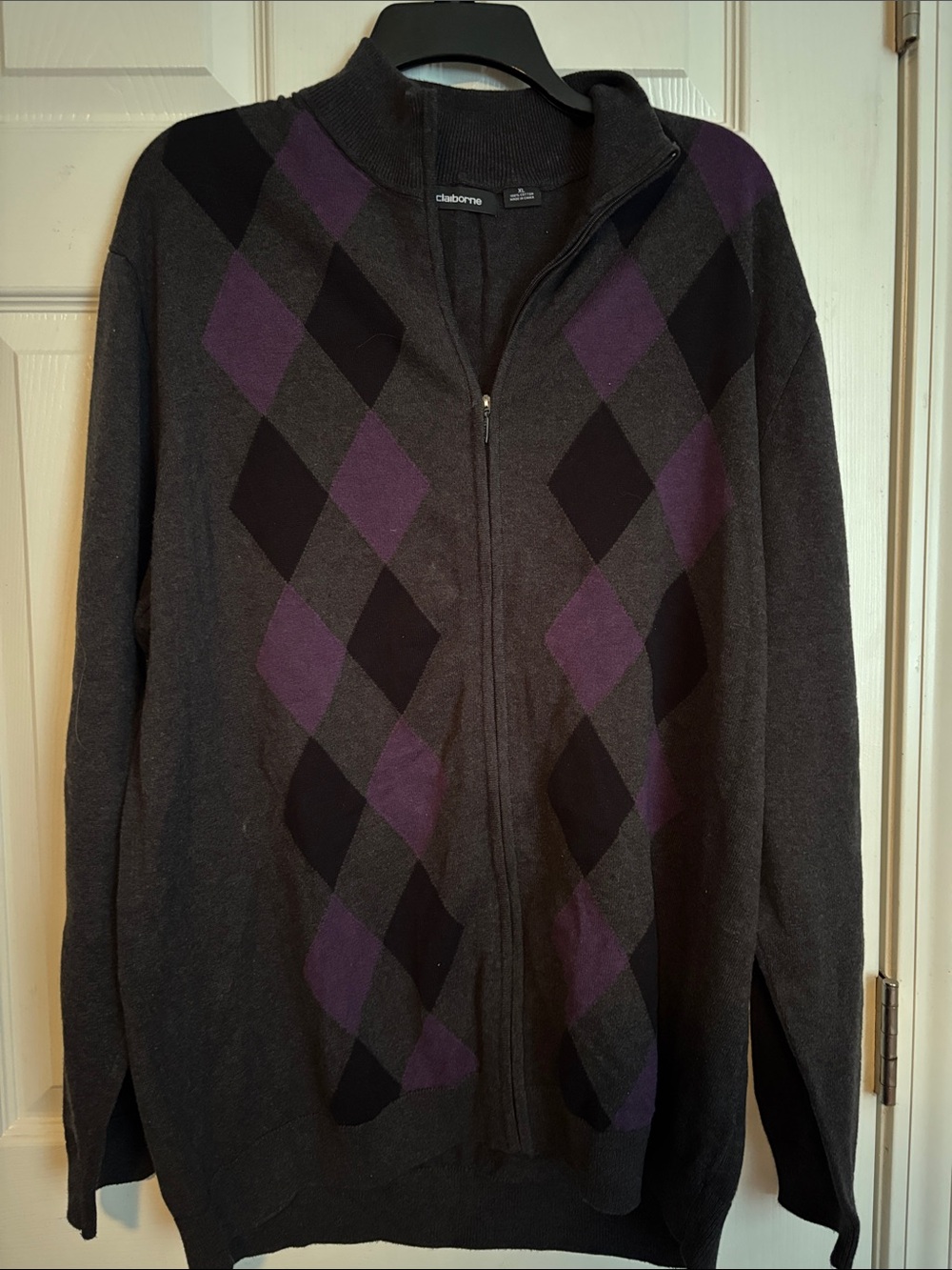 Claiborne Charcoal Full-Zip Argyle Sweater with Purple Accents